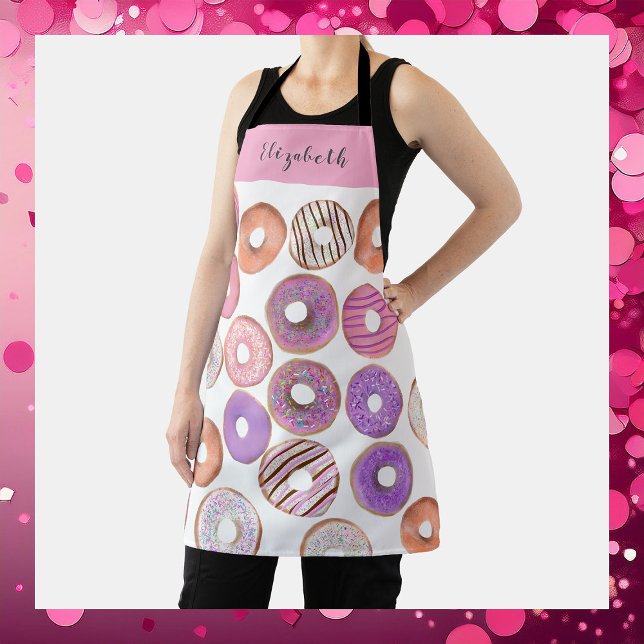 Tablier Donut rose et pourpre Nom personnalisé Baker's (Créateur téléchargé)