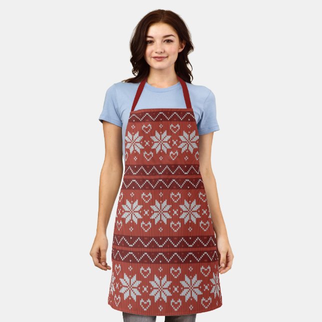 Tablier Douille de Noël moche Scandinave Knit Coeur rouge (Porté)