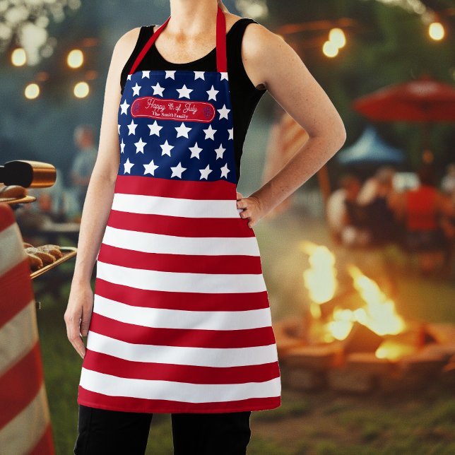 Tablier Drapeau américain patriotique Joyeux 4 juillet Nom (Red, White and Blue Patriotic U.S. Flag "Happy 4th of July" Family Name Kitchen | BBQ Apron)