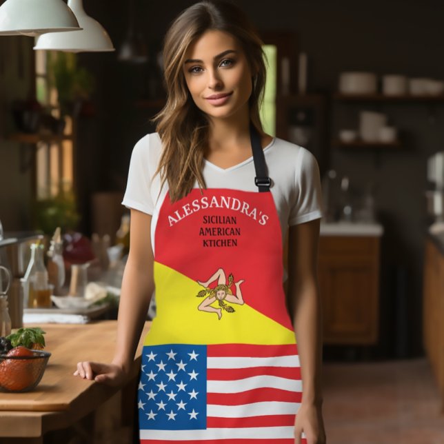 Tablier Drapeau de Sicile Drapeau de l'Amérique Customisé (Sicilian-American Kitchen
Personalized Apron)