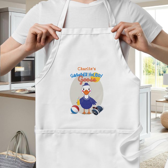 Tablier Drôle de vacances d'été rétro Silly Goose (An apron with cartoon 'Summer Holiday Goose' design, personalized with a name)