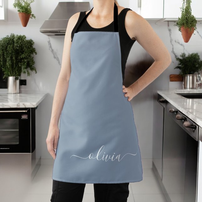 Tablier Dusty Blue minimaliste moderne Monogramme élégant (Créateur téléchargé)