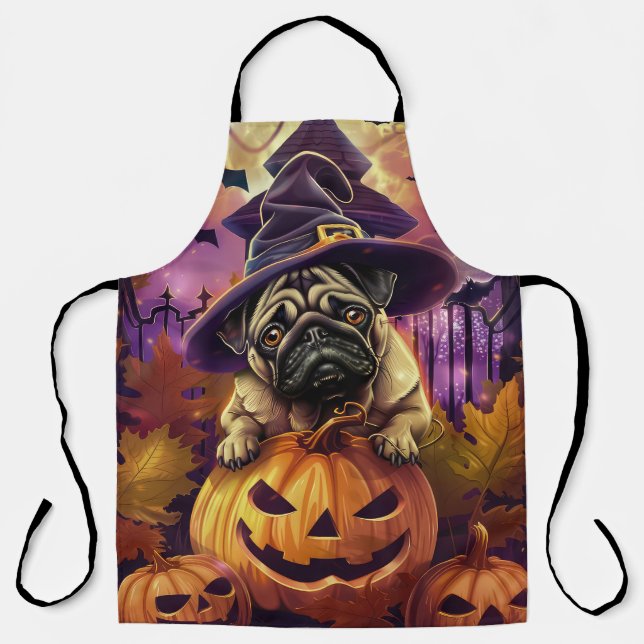 Tablier Éffrayant Carlin Chien Halloween Sorcière Et Citro (Recto)
