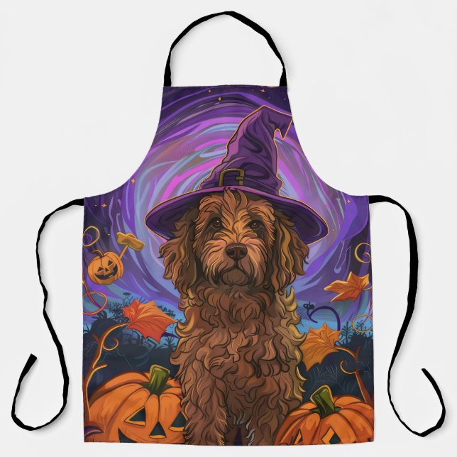 Tablier Éffrayant Goldendoodle Chien Halloween Citrouille  (Recto)