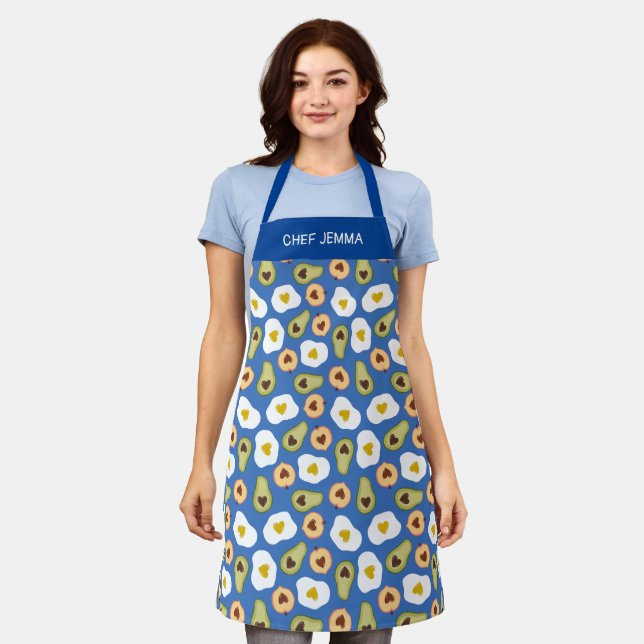 Tablier Egg Avocados Peaches Motif Blue Ajouter un nom (Porté)