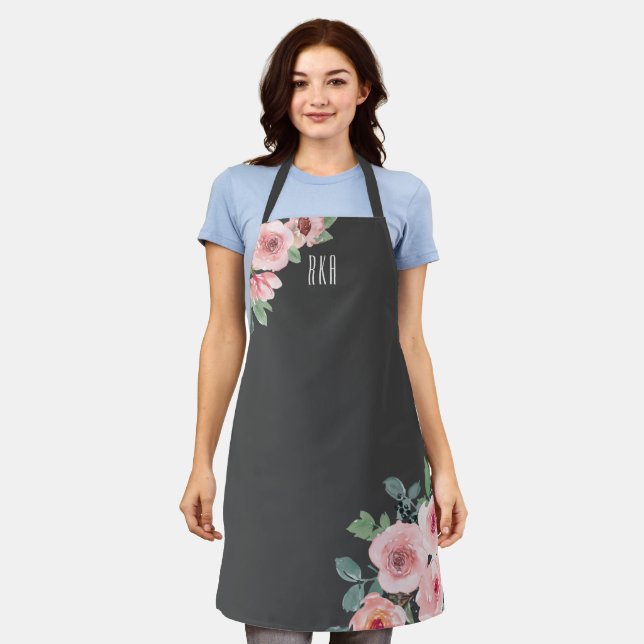 Tablier Élégant aquarelle rose monogramme floral (Porté)