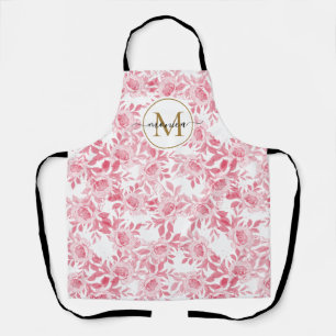 Tablier Elégant Aquarelle rose pâle Floral Or Monogramme