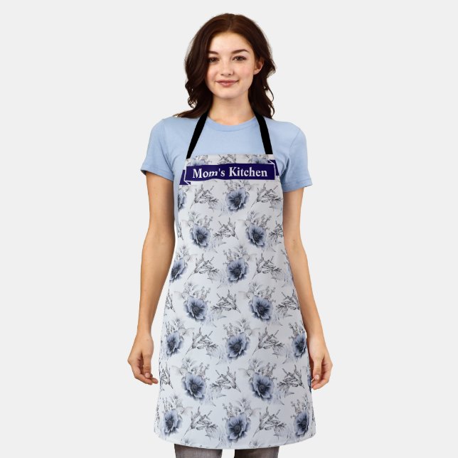 Tablier Élégant bleu floral (Porté)