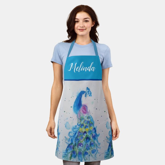 Tablier Elégant bleu Peacock Aquarelle Art Womans Apron (Porté)