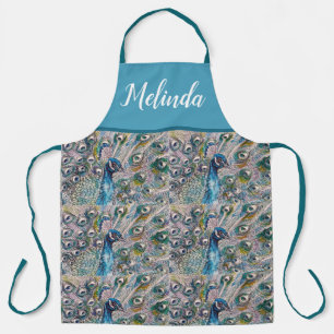 Tablier Elégant bleu Peacock Aquarelle Art Womans Apron