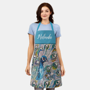 Tablier Elégant bleu Peacock Aquarelle Art Womans Apron