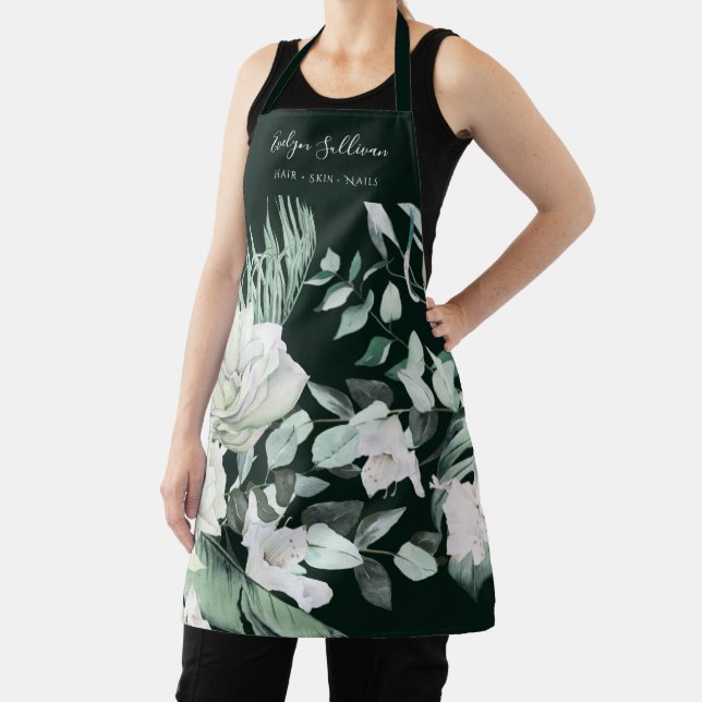 Tablier Élégant Emerald Green Floral Beauty Professionnel (Insitu)