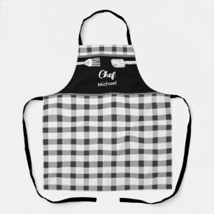 Tablier Élégant En vichy noir blanc   Nom personnalisé