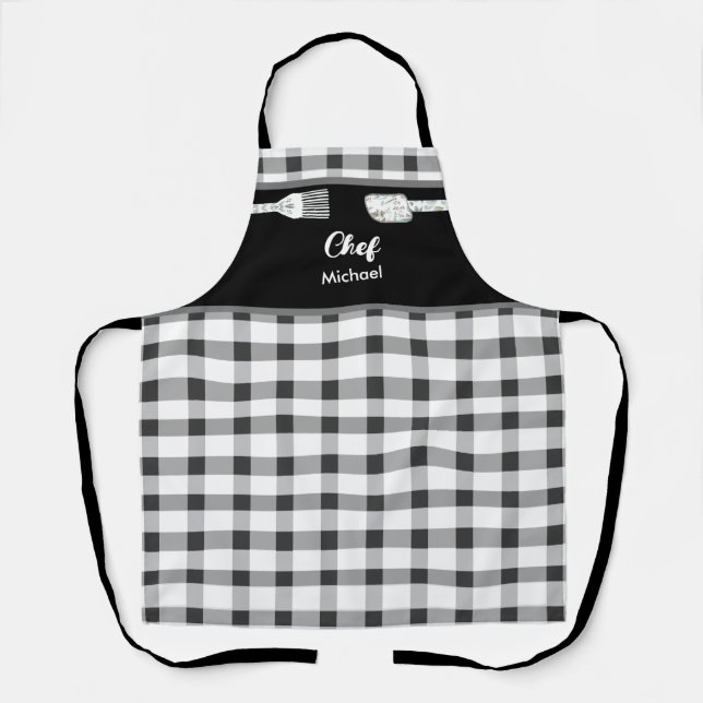 Tablier Élégant En vichy noir blanc | Nom personnalisé (Recto)