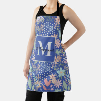 Tablier Élégant feuille florale bleu monogramme à thème