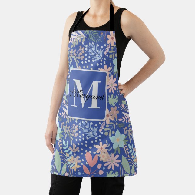 Tablier Élégant feuille florale bleu monogramme à thème (Insitu)