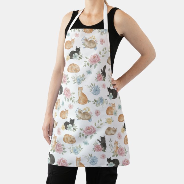 Tablier Elegant Floral Cat Print Apron (Insitu)