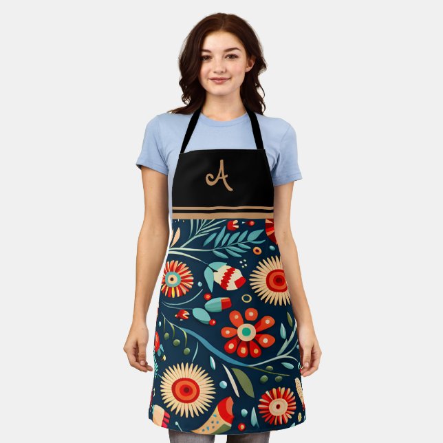 Tablier Élégant Floral Personnalisé Nom initial Apron (Porté)
