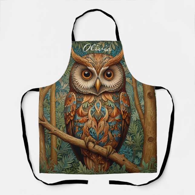 Tablier Élégant hibou rétro boho bohème bohème forêt verte (Recto)