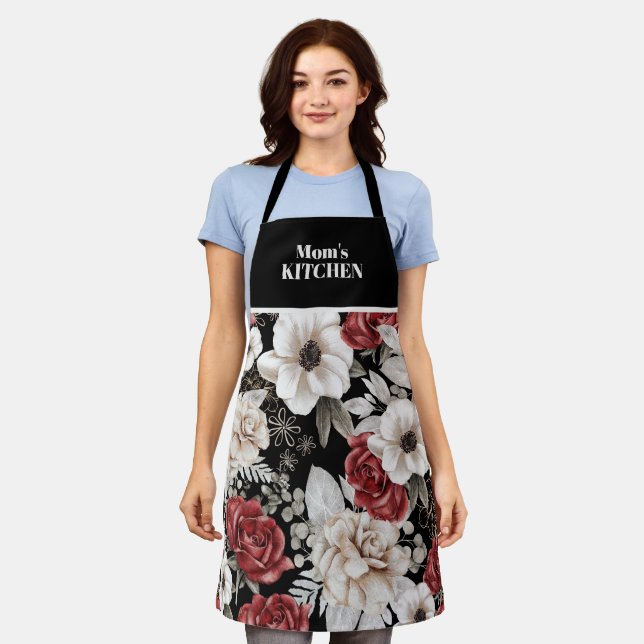 Tablier Élégant modèle floral noir Rose de Bourgogne (Porté)