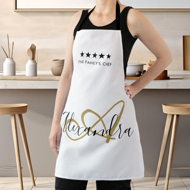 Tablier Élégant Monogram Black Gold Script meilleur nom de (Elegant Monogram Black Gold Script Best Chef Name Apron)