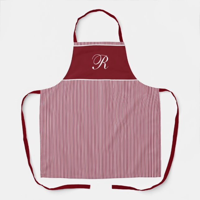 Tablier Élégant monogramme de script rayure rouge bordeaux (Recto)