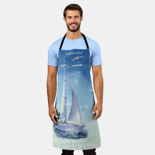 Tablier Élégant Monogramme de voilier Bleu Aquarelle