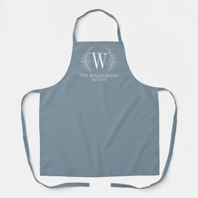 Tablier Élégant Monogramme Dusty Blue Nom de famille (Recto)