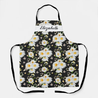 Tablier Élégant Monogramme noir et blanc Motif de margueri
