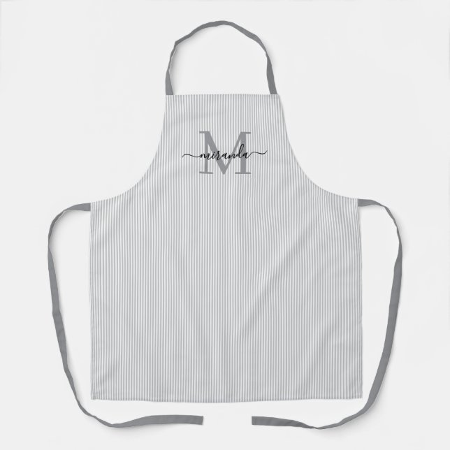 Tablier Élégant Monogramme Nom Rayure Grise (Recto)