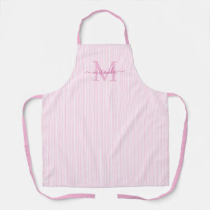 Tablier Élégant Monogramme Nom Rayure Rose