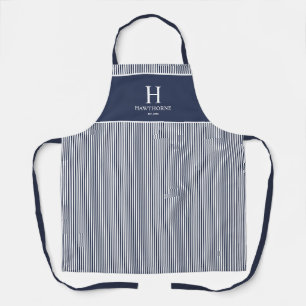 Tablier Élégant Monogramme Rayure Bleu Marine Nom