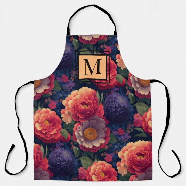 Tablier Élégant monogramme romantique orange rouge floral (Recto)