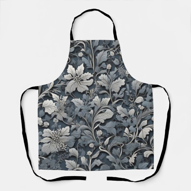 Tablier Élégant moody blanc argenté gris floral (Recto)