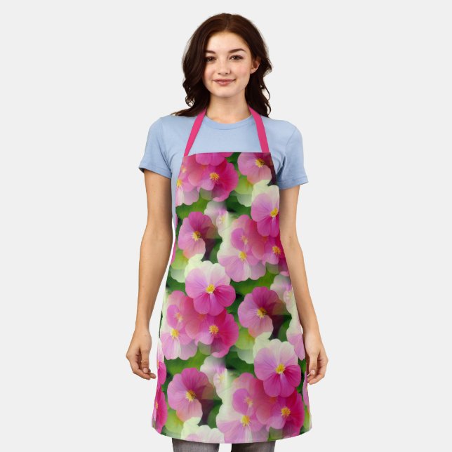 Tablier Élégant Motif à fleurs rose et blanc Impatiens (Porté)