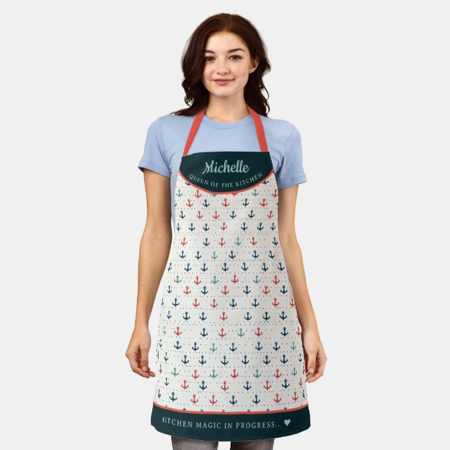 Tablier élégant motif d'ancre Turquoise personnalisée (Porté)