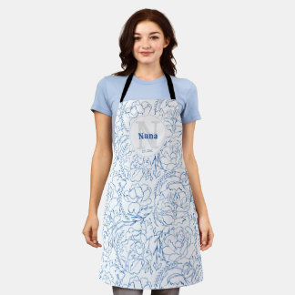 Tablier Élégant motif floral bleu Monogramme Nana