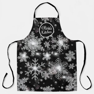 Tablier Élégant Noël noir blanc argent flocons de neige