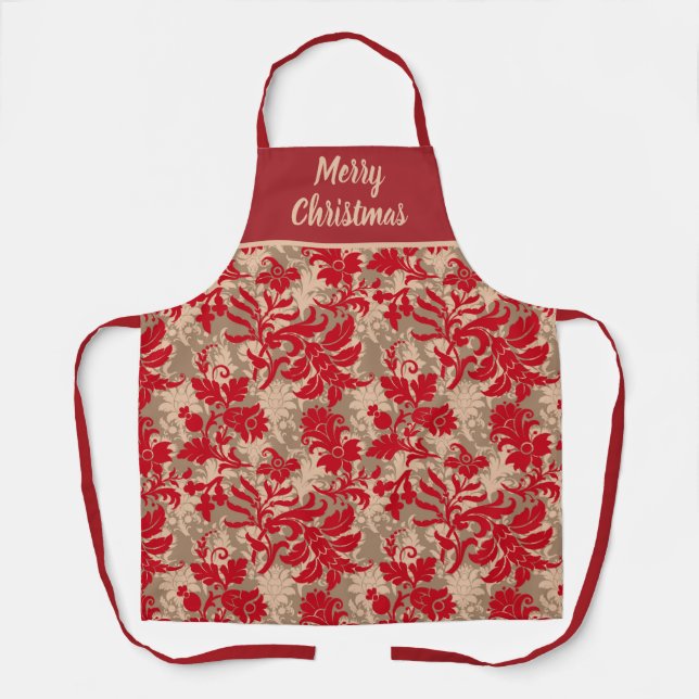 Tablier Élégant Noël personnalisé rouge floral (Recto)