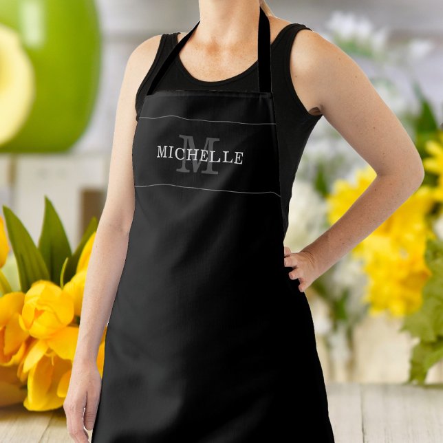 Tablier Élégant Noir Monogramme Nom Personnalisé (Créateur téléchargé)