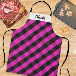 Tablier Élégant Pink Chaud Plaid Personnalisé Nom Cuisine