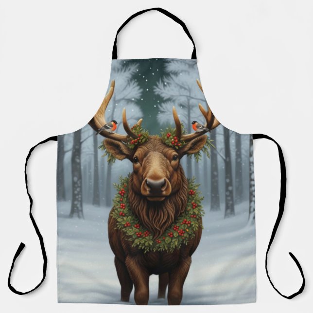 Tablier Elegant rustic Christmas moose winter landscape (Recto)