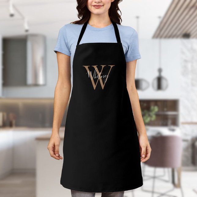 Tablier Élégant Script initial noir monogramme or Apron (Elegant Script Initial Black Gold Monogram Apron)