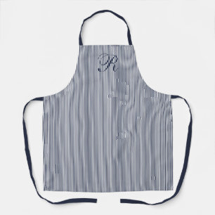 Tablier Élégant Script Monogramme Classique Rayure Bleu Ma