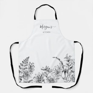 Tablier Élégant Script noir blanc floral Apron vin