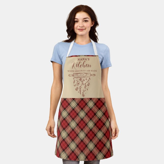 Tablier Élégant Tartan rouge et beige Plaid Nana's Kitchen (Porté)