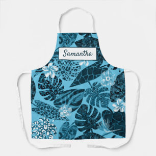 Tablier Élégant turquoise feuilles tropicaux fleurs nom pe