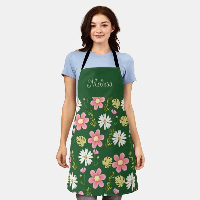 Tablier Élégant vert moderne rose floral (Porté)