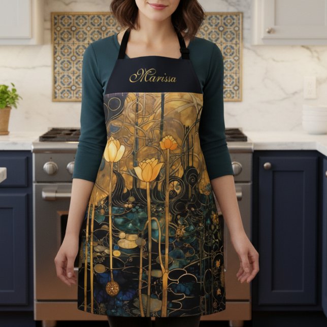 Tablier Elegant Vintage Floral Apron (elegant black gold vintage art nouveau floral apron with custom name in beautiful script calligraphy)