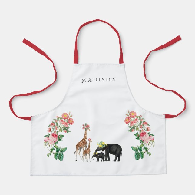 Tablier Eléphant mignon & Giraffe Floral Nom personnalisé  (Recto)